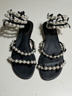 Rene Caovilla Black Pearl-Embellished Strappy Sandals
